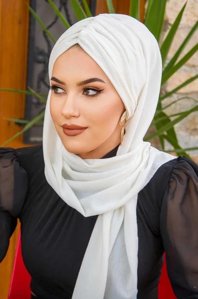 Beyaz Kelebek Model Büzgülü Bone Şal - Resim 2