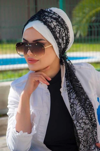 Beyaz Siyah Dantel Fularlı Bone-40602 - Resim 2