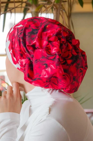 Kırmızı Gül Desen Çağla Hazır Türban - 5