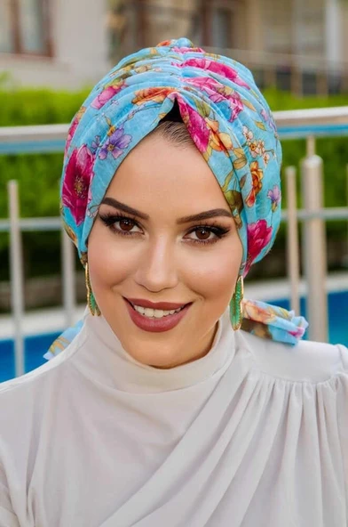 Turkuaz Çiçekli Tokalı Bone - Resim 3