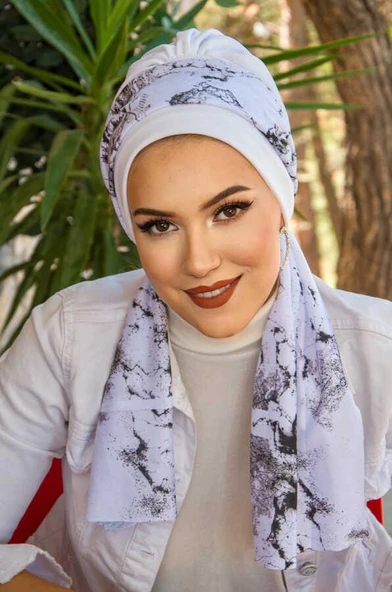 Beyaz Batik Desen Fularlı Bone ürün görseli