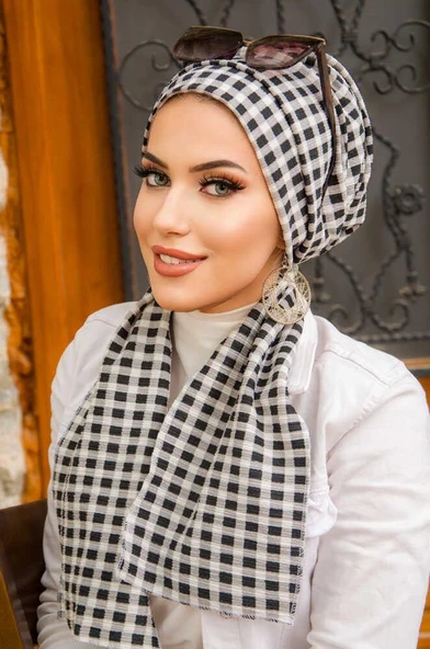 Ekru Ekoseli Atkılı Bone - Resim 2