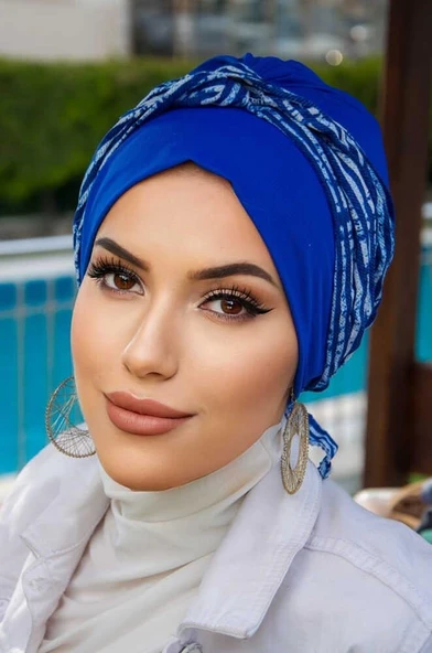 Saks Mavi Çizgili Burgu Bantlı Hazır Bone - Resim 2