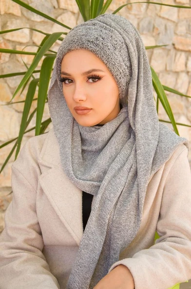 Gri Kürklü Kelebek Bone Şal - Resim 4