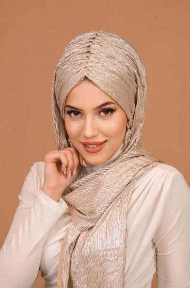 Rose Gold Piliseli Kelebek Model Büzgülü Bone Şal - Resim 3