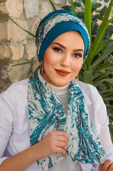 Petrol Mavi Beyaz Desen Fularlı Bone - Resim 3