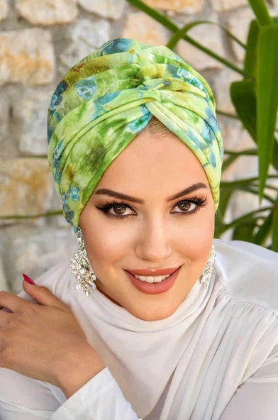 Fıstık Yeşil Çiçek Desenli Burgu Bone - Resim 2