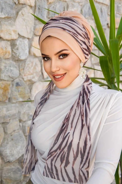 Bej Zebra Desen Fularlı Bone - Resim 3