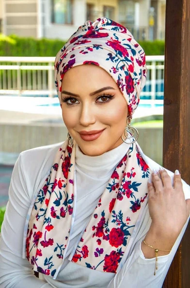 Ekru Bordo Çiçek Desenli Atkılı Bone - Resim 2