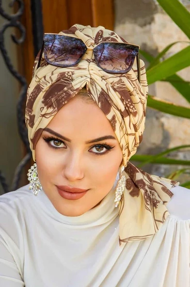 Uçuk Sarı Kahve Desen Tül Tokalı Bone - Resim 3