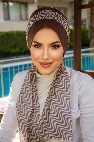 Kahve Geometrik Desen Fularlı Bone - Resim 3