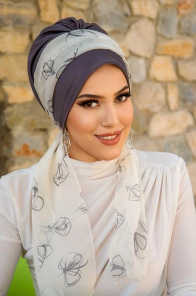 Antrasit Beyaz Çiçek Desen Fularlı Bone - Resim 2