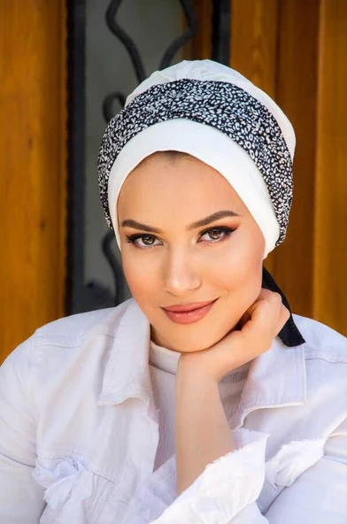 Beyaz Leopar Desen Bantlı Bone - Resim 2