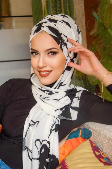 Siyah Beyaz Kelebek Model Büzgülü Bone Şal - Resim 2