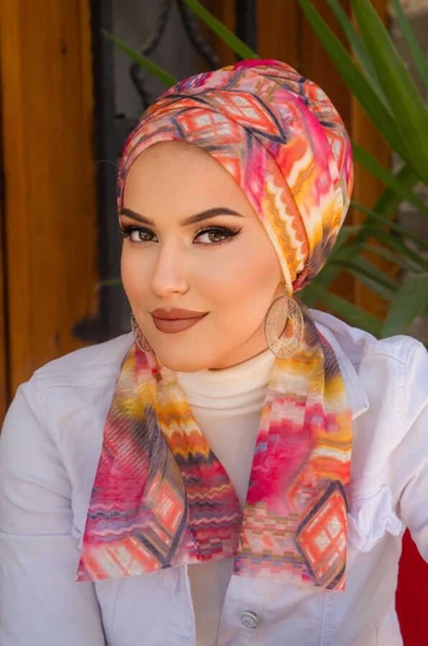 Kahve Turuncu Etnik Desenli Atkılı Bone - Resim 2