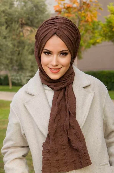Kahve Kelebek Model Büzgülü Bone Şal - Resim 2