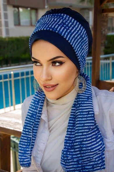 Lacivert Çizgili Desen Fularlı Bone - Resim 2