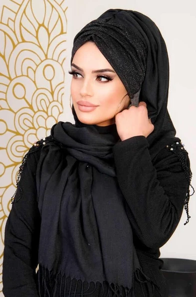 Siyah Simli Büzgülü Hazır Şal - Resim 4