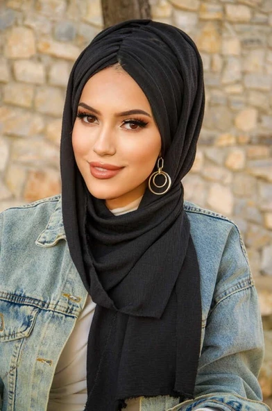 Siyah Kelebek Model Büzgülü Bone Şal - 2