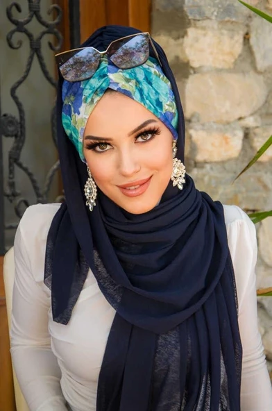 Lacivert Turkuaz Çiçek Desen Hazır Şal ürün görseli