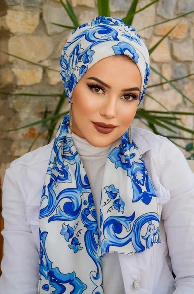 Mavi Etnik Desenli Atkılı Bone - Resim 2