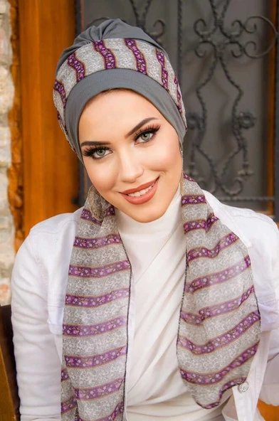 Gri Pudra Fularlı Bone - Resim 2