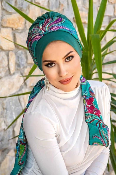 Zümrüt Etnik Desen Fularlı Bone ürün görseli