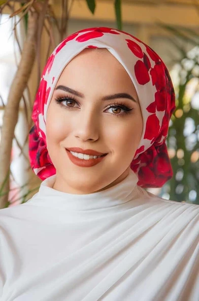 Kırmızı Gül Desen Çağla Hazır Türban - 2