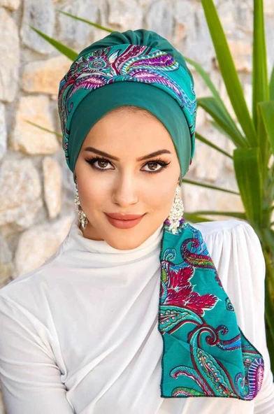 Zümrüt Etnik Desen Fularlı Bone - Resim 3