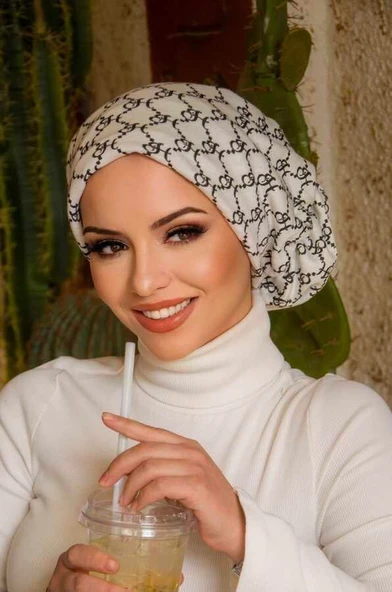 Beyaz Hat Desen Çağla Hazır Türban - Resim 4