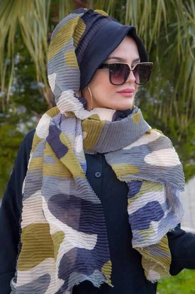 Siyah Haki Kamuflaj Pilise Şapkalı Şal - Resim 3