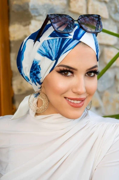 Lacivert Beyaz Yaprak Desen Çapraz Bone - Resim 3