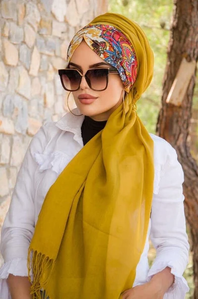 Hardal Etnik Desen Büzgülü Hazır Şal - 1