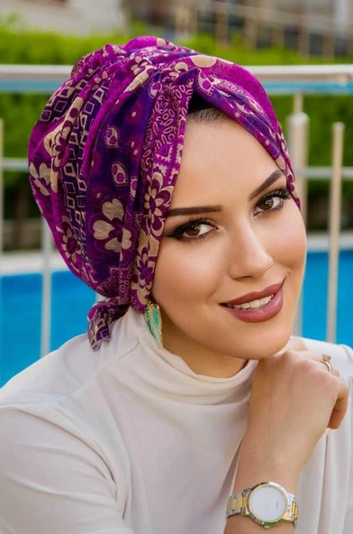 Mürdüm Bej Çiçek Desen Tokalı Bone - Resim 3