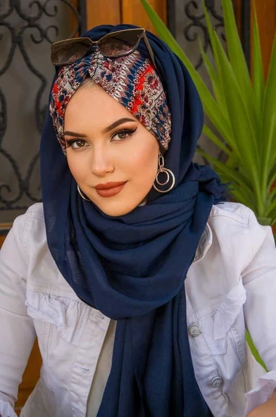 Lacivert Bordo Etnik Desen Büzgülü Hazır Şal - Resim 3