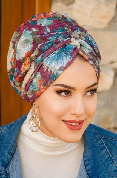 Bordo Çiçek Desen Burgu Bone - Resim 4