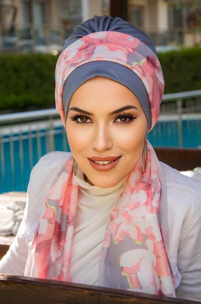 Gri Pudra Desenli Fularlı Bone - Resim 2