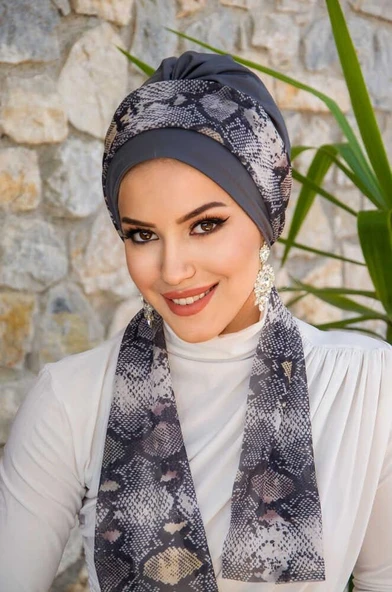 Füme Yılan Desen Fularlı Bone ürün görseli