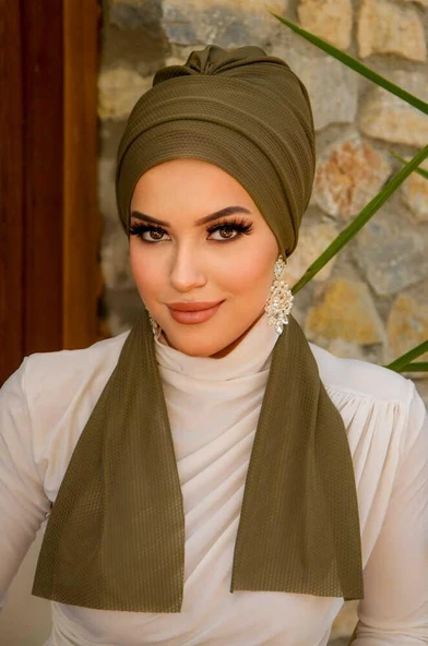 Haki Tesettür Atkılı Bone - Resim 2