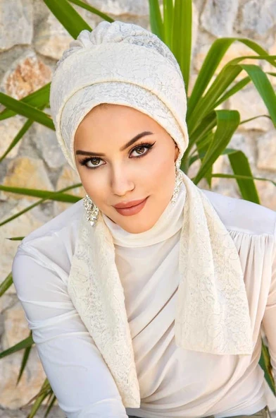 Ekru Astarlı Dantel Atkılı Bone - Resim 2