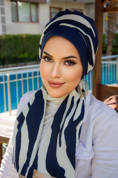 Lacivert Zebra Desen Fularlı Bone - Resim 2