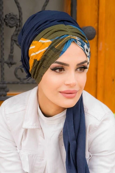 Lacivert Kolaj Desenli Büzgülü Hazır Şal - Resim 3