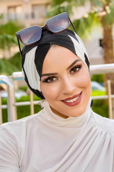 Siyah Beyaz Desen Çapraz Bone - Resim 2