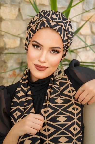 Siyah Bej Baklava Desenli Atkılı Bone - Resim 3