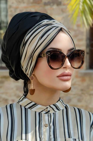 Siyah Bej Çizgi Desen Hazır Şal - Resim 2