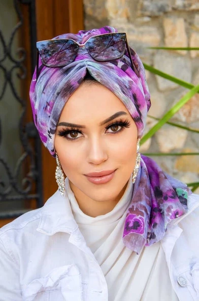 Lila Gri Çiçek Desen Tokalı Bone - Resim 2