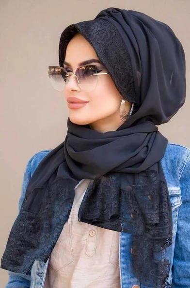 Siyah Dantelli Şapka Şal - Resim 2