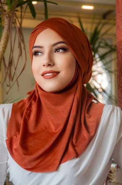 Kiremit Çapraz Bantlı Medium Size Hijab - Hazır Şal - Resim 2