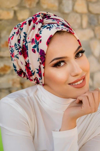 Kemik Kırmızı Çiçek Desen Burgu Detaylı Bone - Resim 2