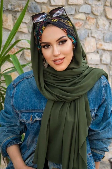 Haki Siyah Çiçek Desen Hazır Şal - Resim 4